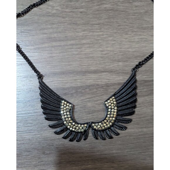 Black Gold Winged Rhinestone Statement Necklace Bold Crescent Adjustable - Picture 4 of 7